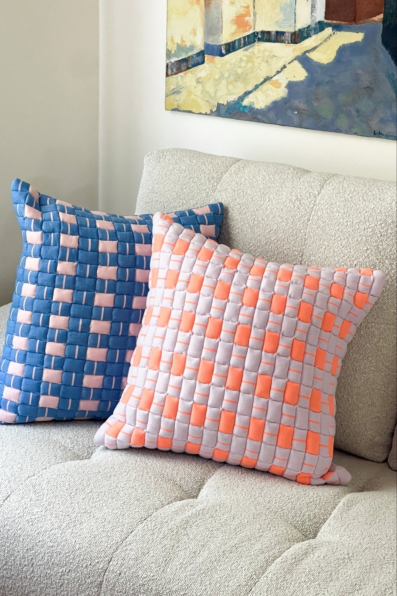 Sujani Quilted Pillow in Pastel Lilac and Neon Orange