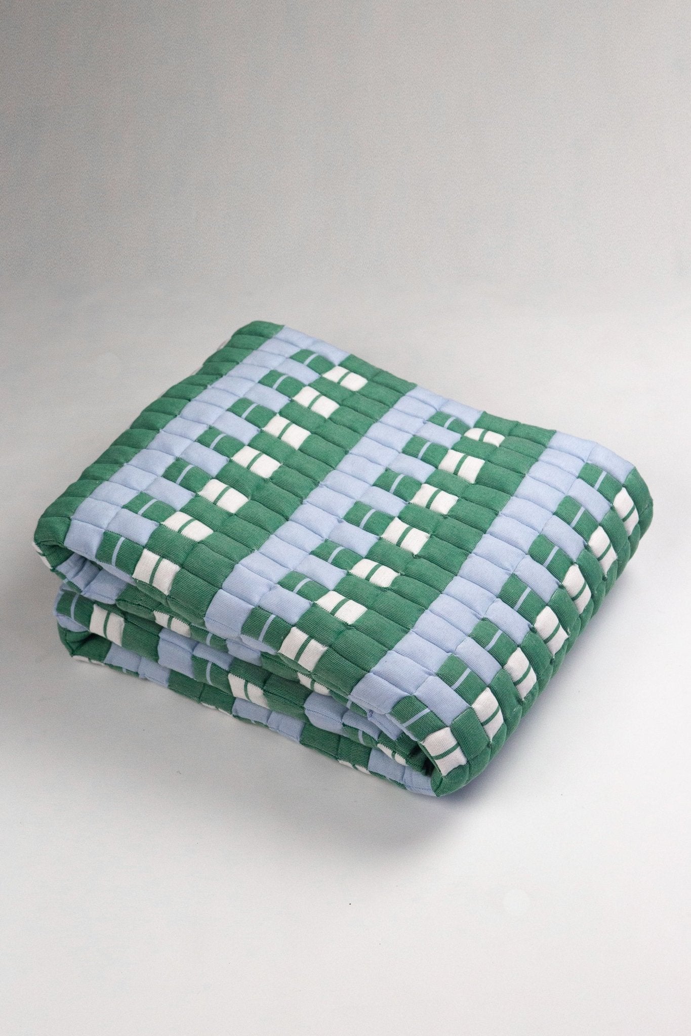 Backordered: Quilted Sujani Throw Blanket - Soft Blue, White and Green