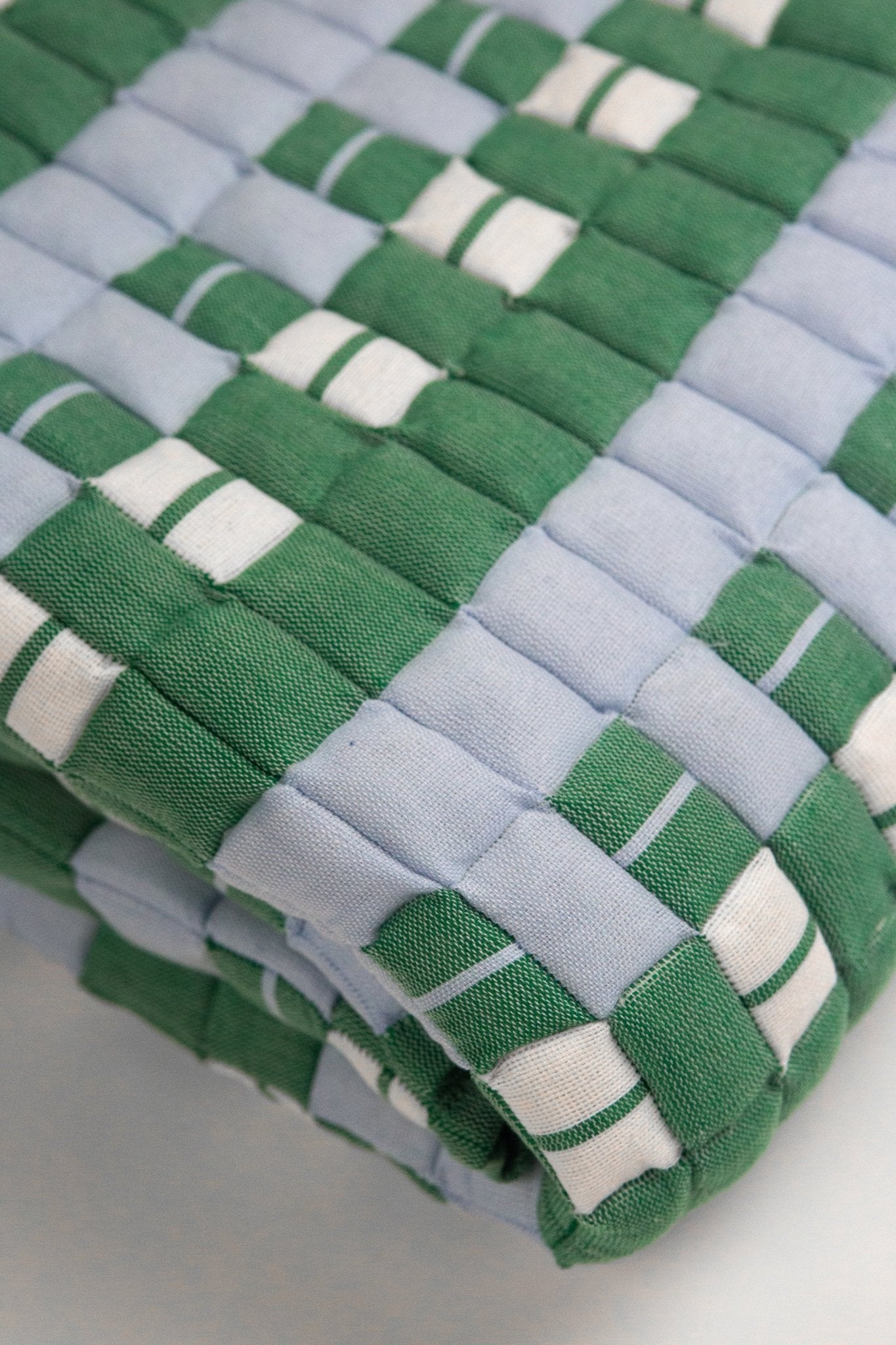 Backordered: Quilted Sujani Throw Blanket - Soft Blue, White and Green