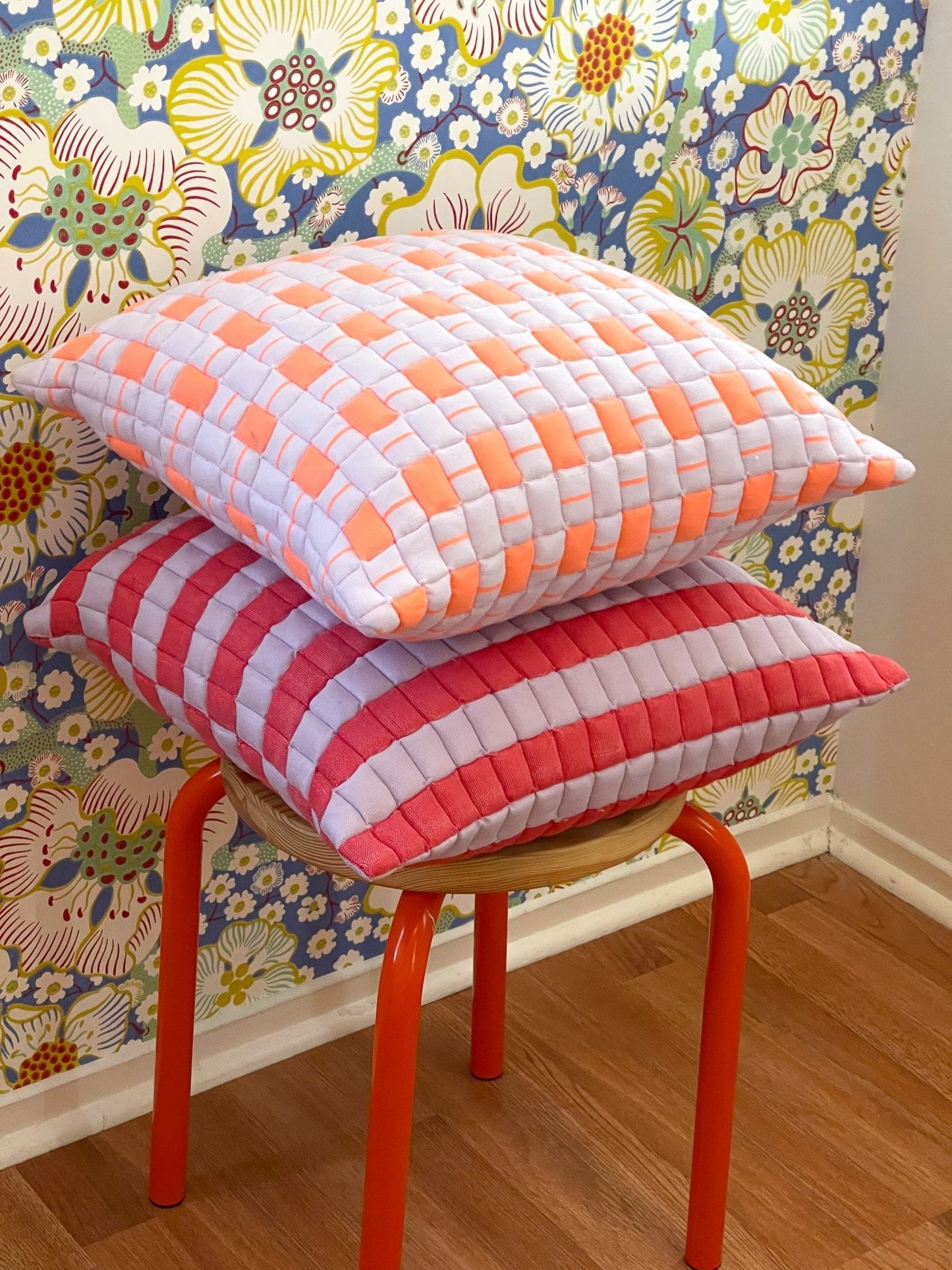 Sujani Quilted Pillow in Pastel Lilac and Neon Orange