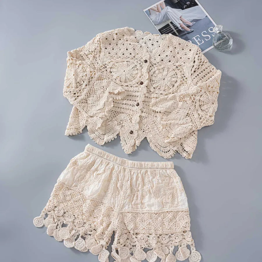 Summer New Fashion French Style Knitted Hollow Out Sleeveless Wide Leg Pants Two Piece Set Women Casual Retro Style Hooked Flower Summer New Fashion French Style Knitted Hollow Out Sleeveless Wide Leg Pants Two Piece Set Women Casual Retro Style Hooked Flower cream crochet knit shorts and top set