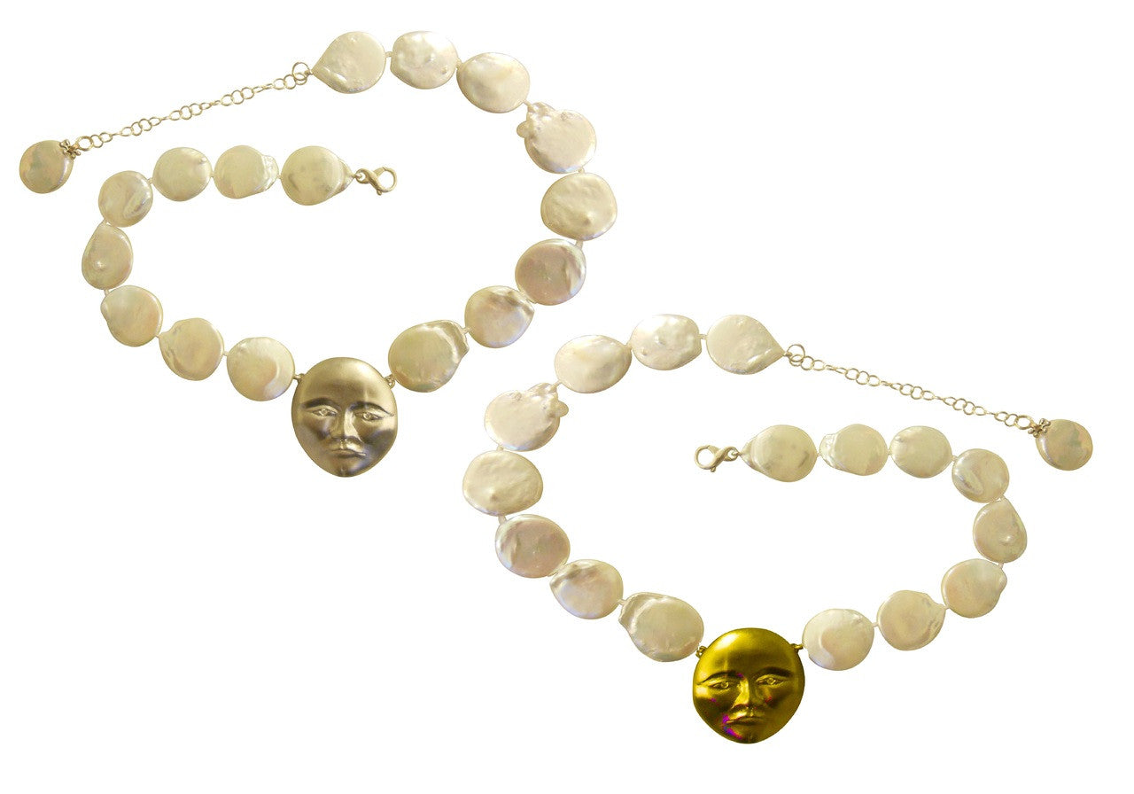 Sterling Silver Face with 18K gold plate, Diamond Eyes, Huge coin pearl necklace.  Someone to Watch Over Me-Sun/Moon Collection-5