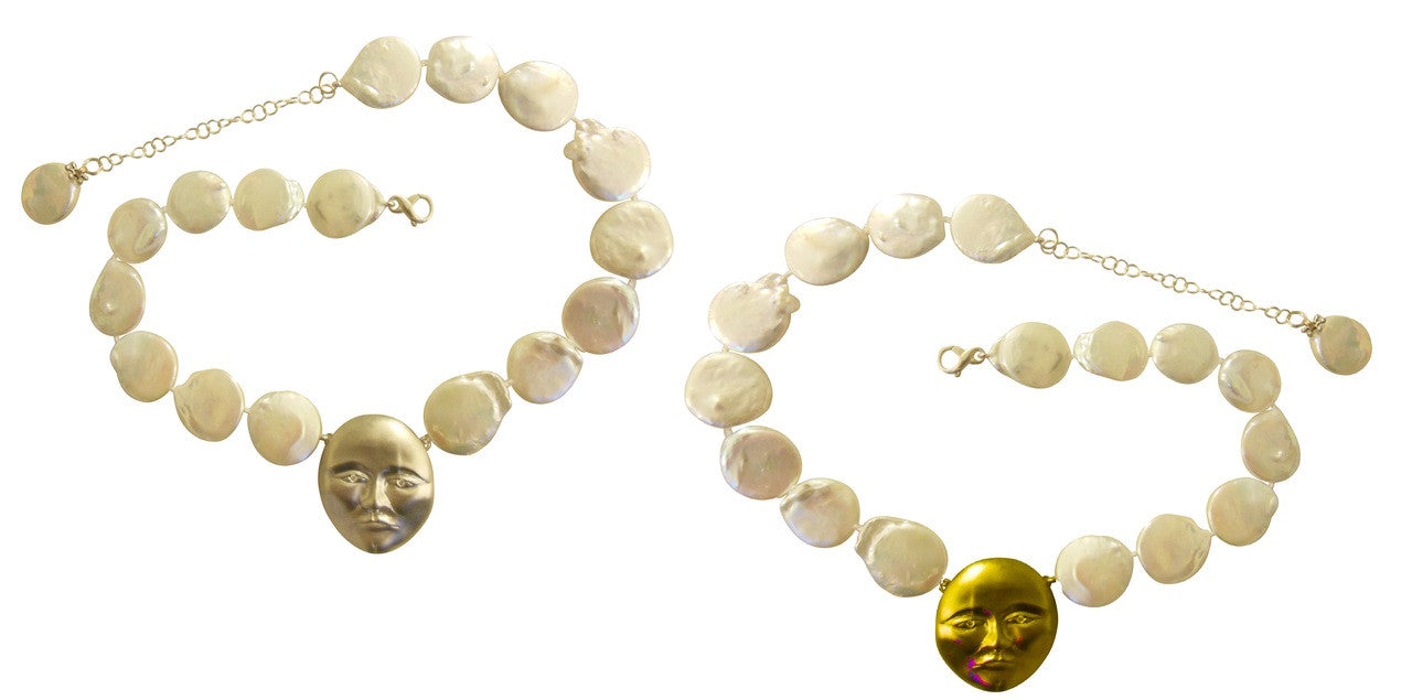 Sterling Silver Face with 18K gold plate, Diamond Eyes, Huge coin pearl necklace.  Someone to Watch Over Me-Sun/Moon Collection-6