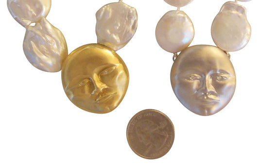 Sterling Silver Face with 18K gold plate, Diamond Eyes, Huge coin pearl necklace.  Someone to Watch Over Me-Sun/Moon Collection-0