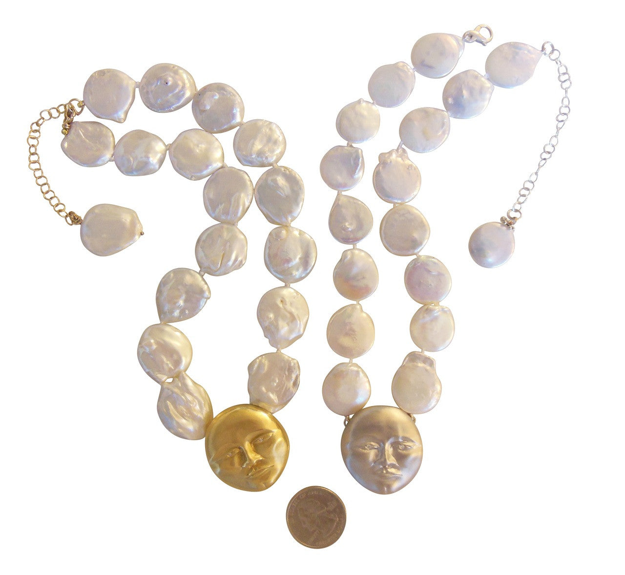 Sterling Silver Face with 18K gold plate, Diamond Eyes, Huge coin pearl necklace.  Someone to Watch Over Me-Sun/Moon Collection-2