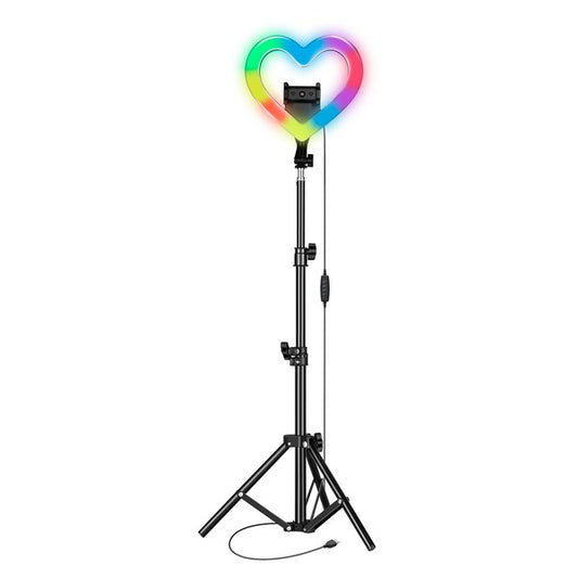 RGB LED heart-shaped ring light on adjustable tripod stand for live streaming, selfies, TikTok, YouTube, makeup, and content creation on a white background. Influencer Equipment, Stream. Supersonic PRO Live Stream 10in Heart Influencer Ring Light