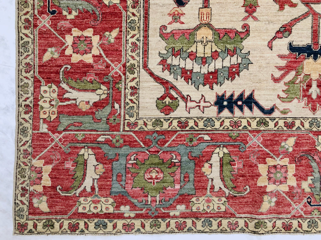 Afghan Heriz (10'03"x14'00") ivory/red-1