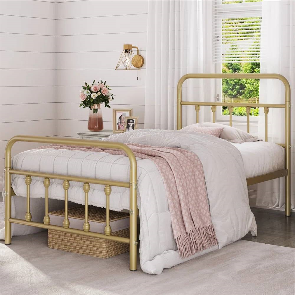 Twin Vintage Antique Gold Metal Platform Bed with Headboard and Footboard-0