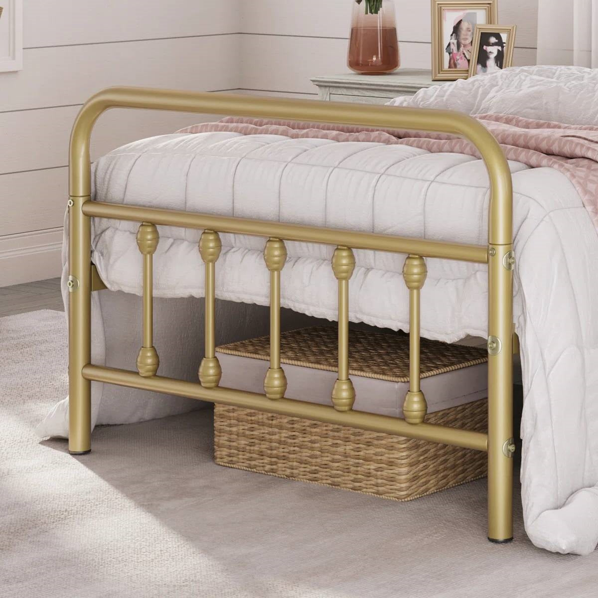 Twin Vintage Antique Gold Metal Platform Bed with Headboard and Footboard-1