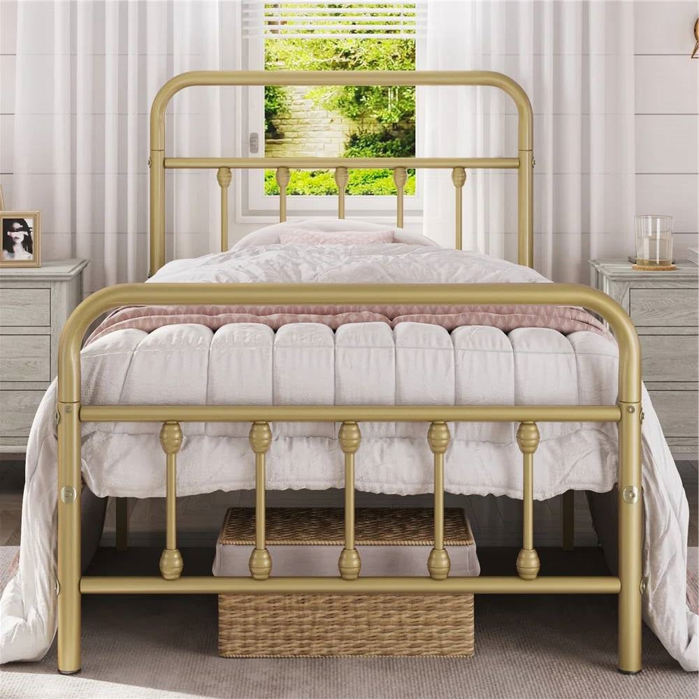 Twin Vintage Antique Gold Metal Platform Bed with Headboard and Footboard-2