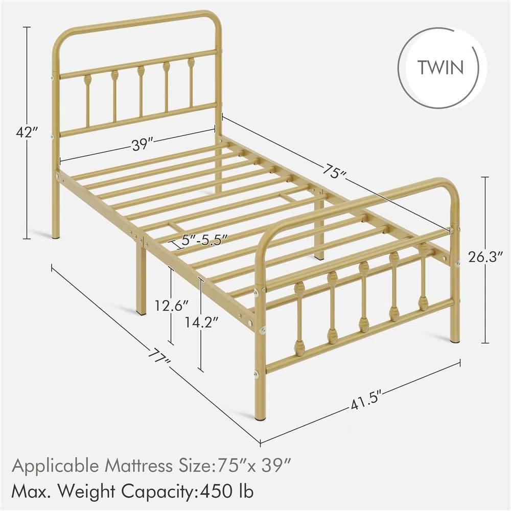 Twin Vintage Antique Gold Metal Platform Bed with Headboard and Footboard-4