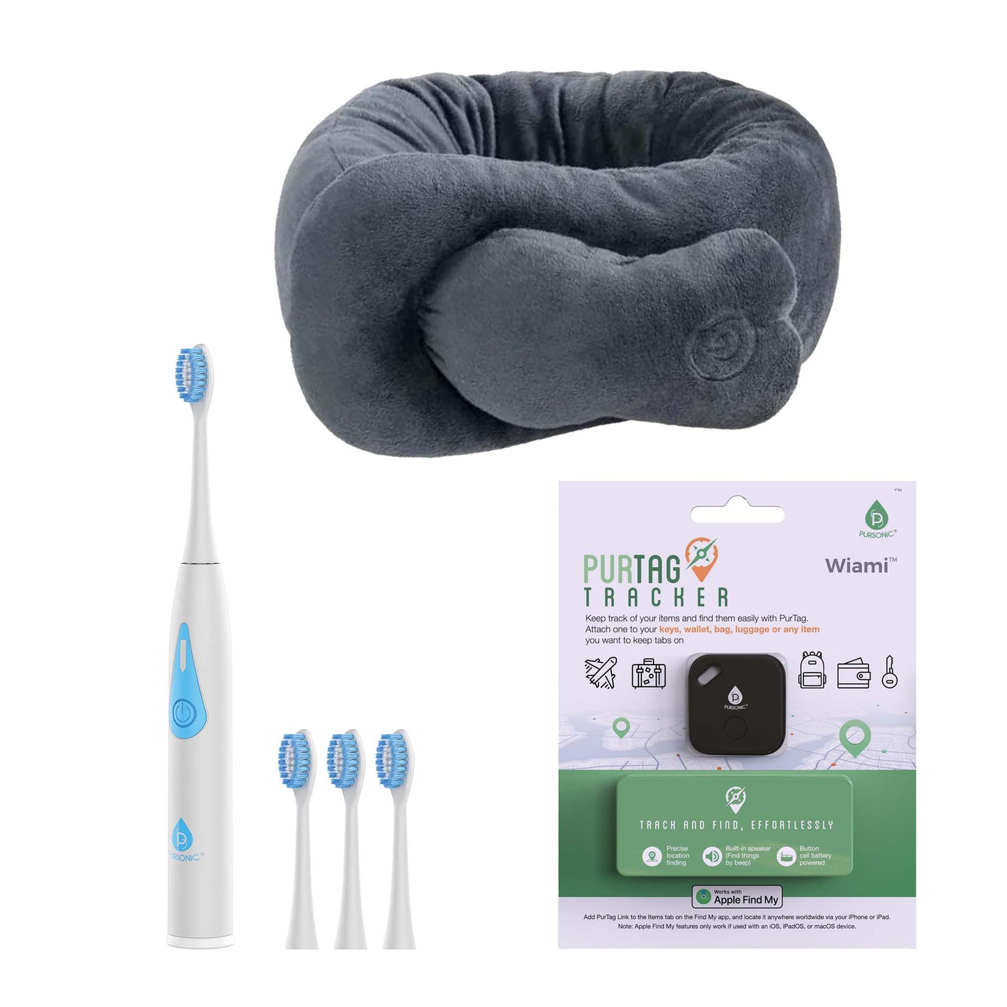 On-the-Go Travel Kit – Triple-Head Electric Toothbrush, Purtag Tracker, Portable Neck & Shoulder Massaging Wrap-0