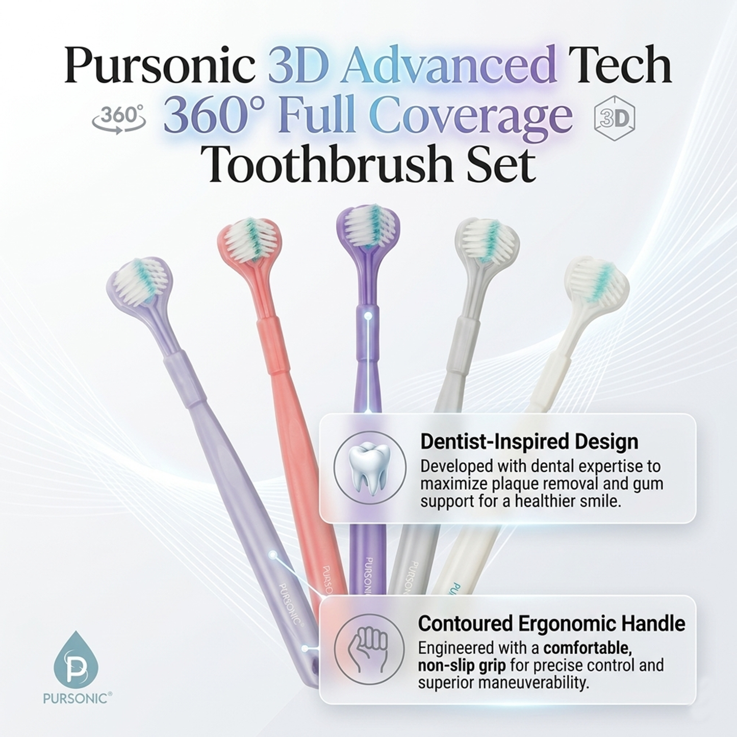 Pursonic 3D Advanced Tech 360° Full Coverage Toothbrush Set (4-Pack)-3