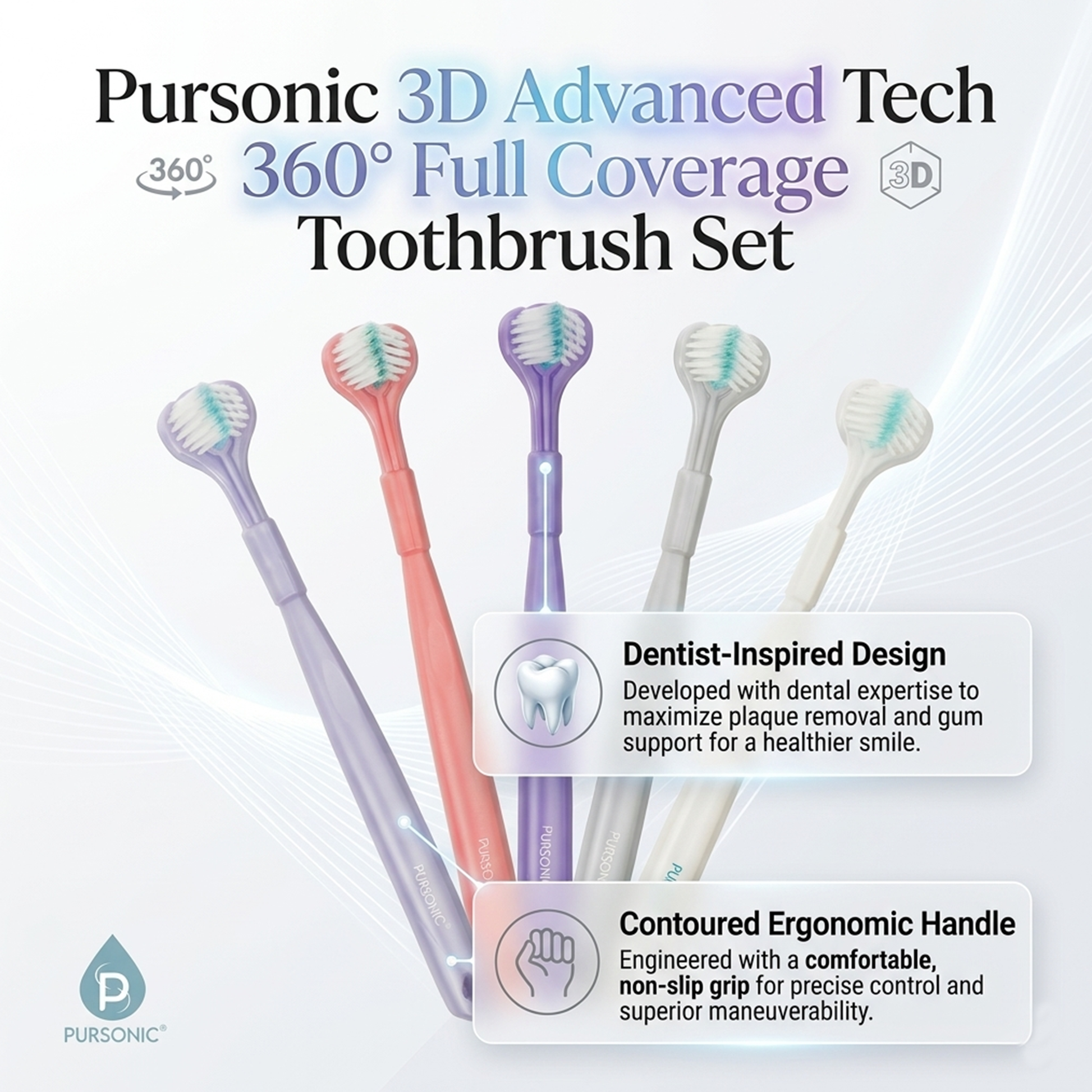 Pursonic 3D Advanced Tech 360° Full Coverage Toothbrush Set (4-Pack)-3