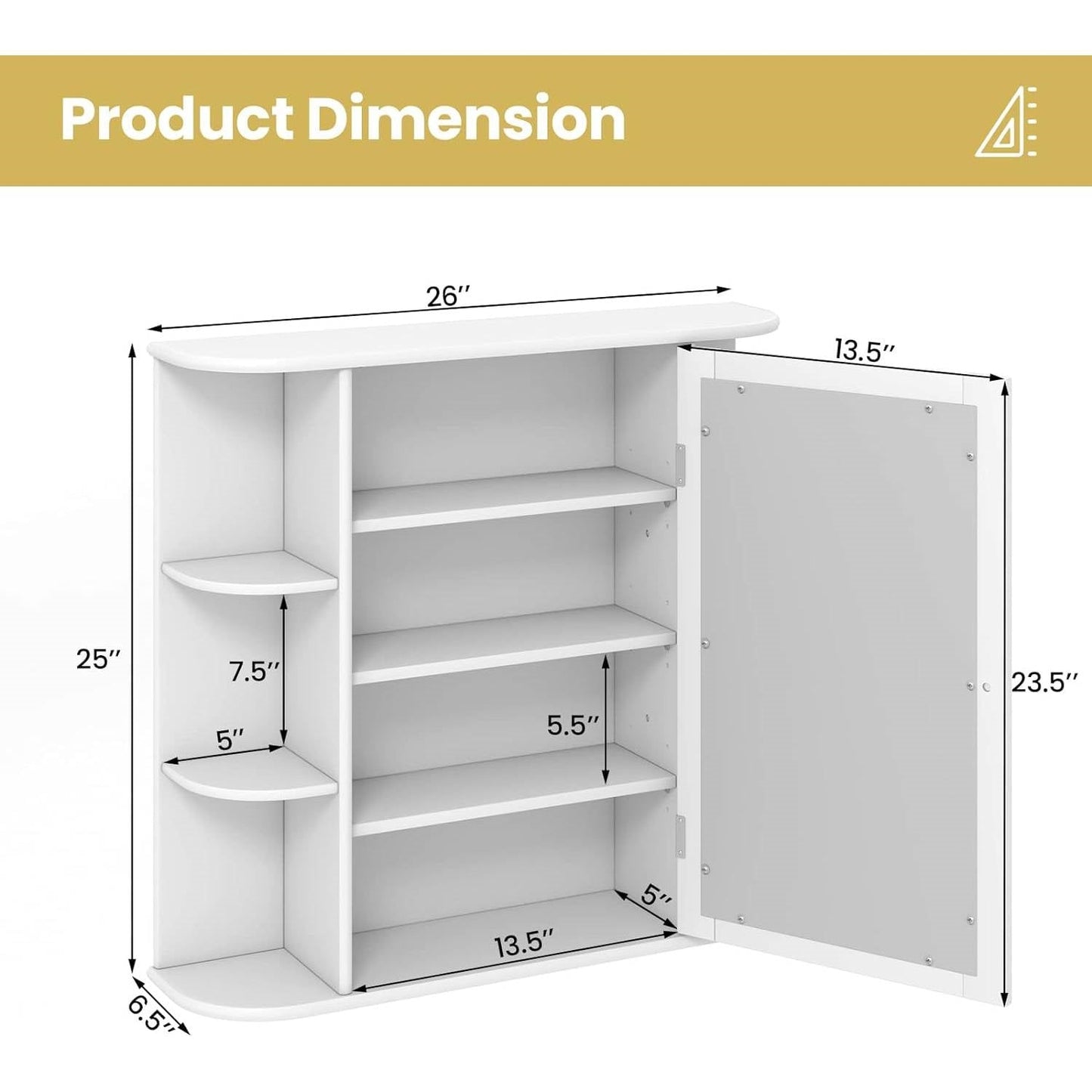 White 26 x 25 inch Bathroom Wall Mirror Medicine Cabinet with Shelves-4