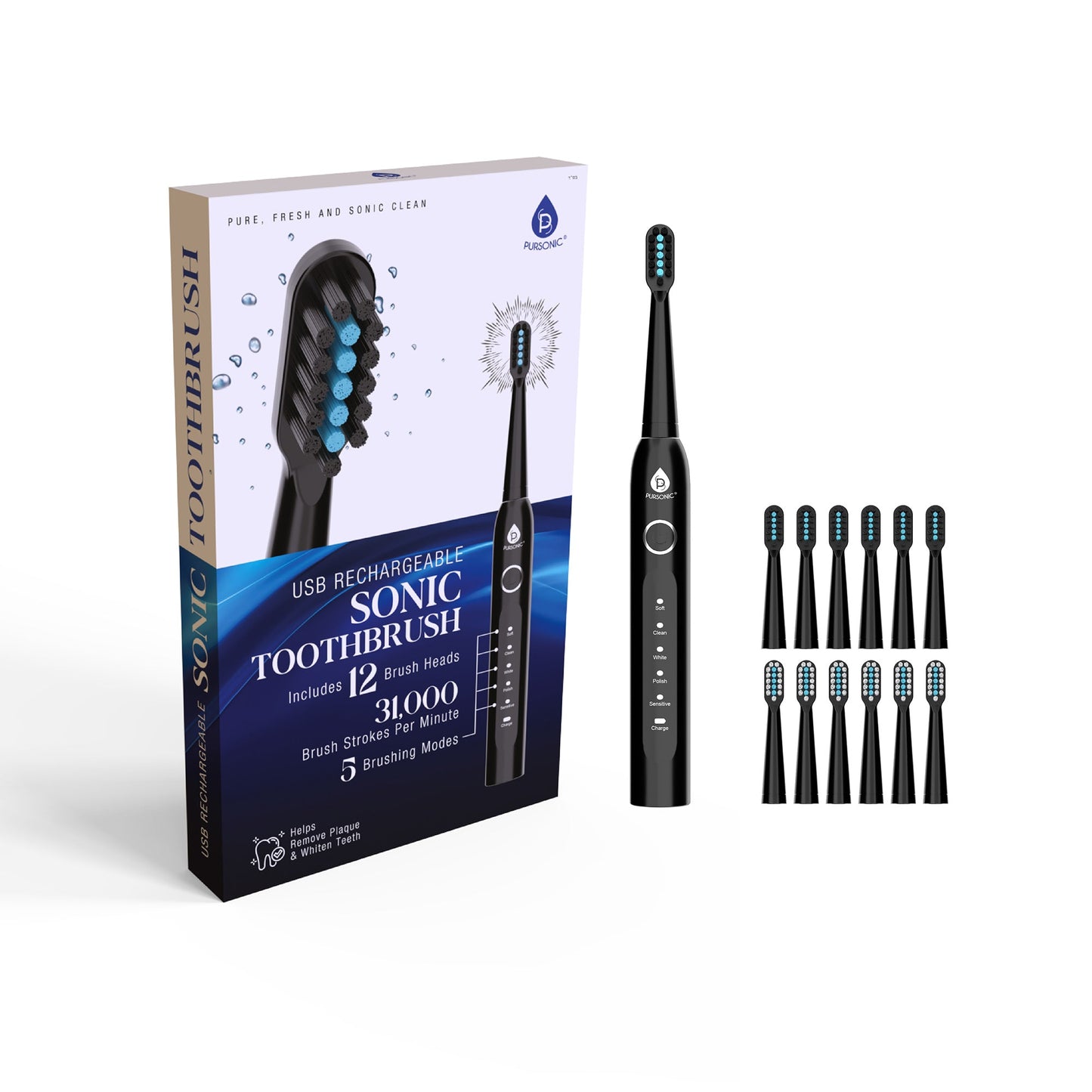 USB Rechargeable Electric Toothbrush with 12 Brush Heads-3