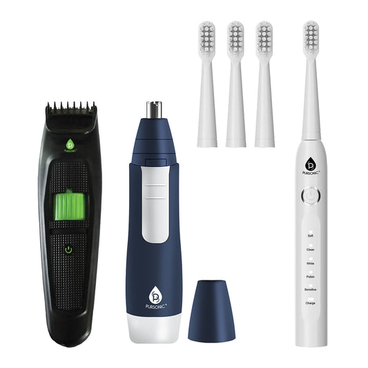 Pursonic GroomSmart Trio Bundle — USB Rechargeable Electric Toothbrush, Beard & Body Trimmer, and Nose & Ear Hair Trimmer for a Complete Grooming Experience-0