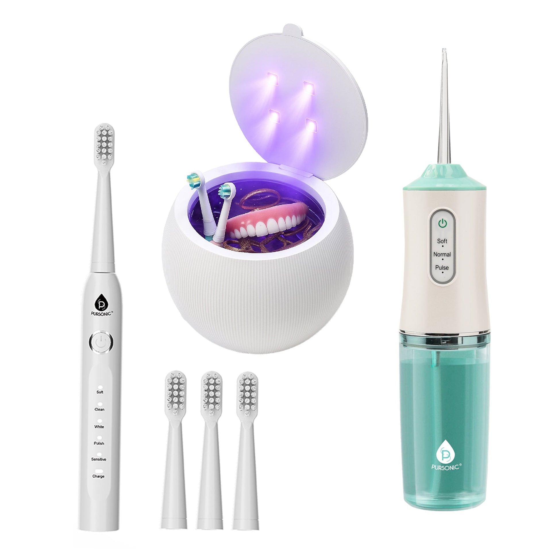 Pursonic Complete Oral Care & Hygiene Bundle: Ultrasonic Cleaner Pod, Rechargeable Oral Irrigator, & USB Sonic Toothbrush-0