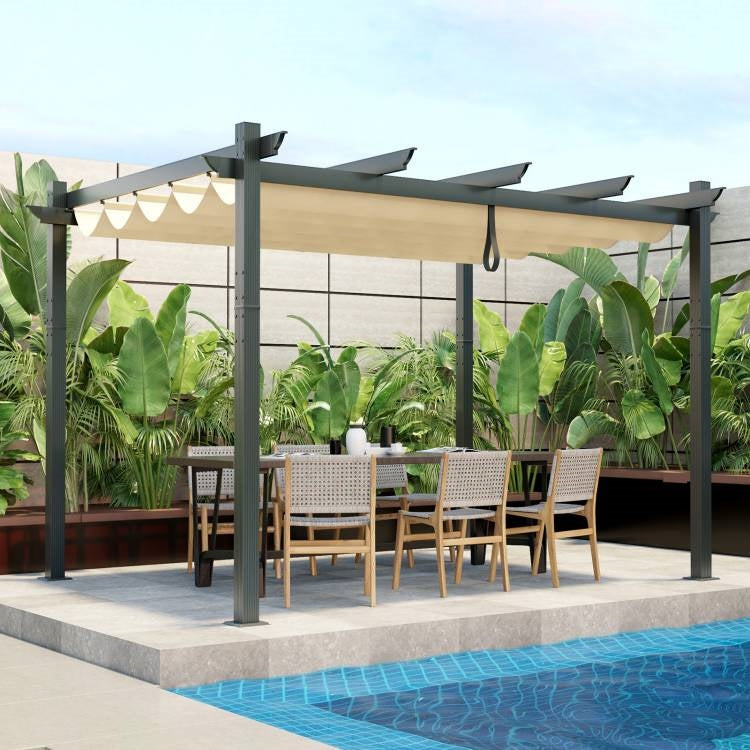 Modern 10 x 12 Ft Outdoor Sturdy Pergola Gazebo with Retractable Beige Canopy-2