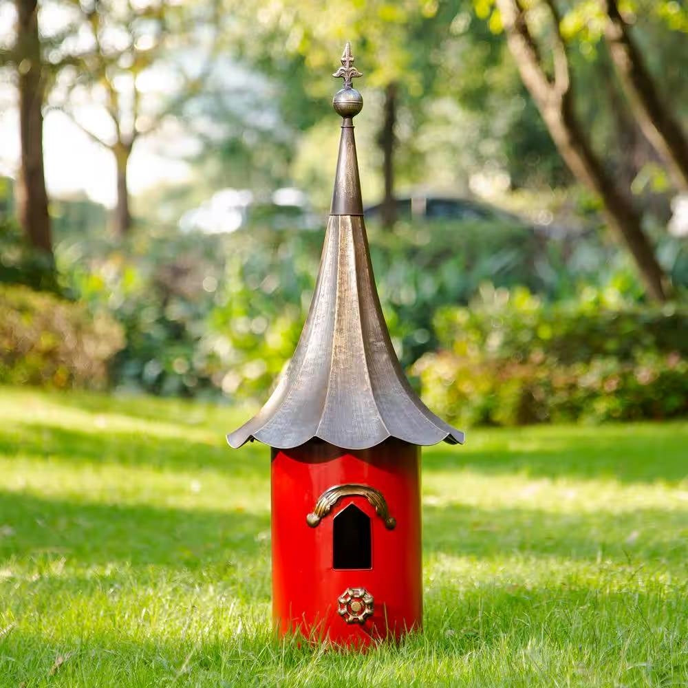 Red Metal Birdhouse with Copper Bronze Finish Gramophone Roof-0