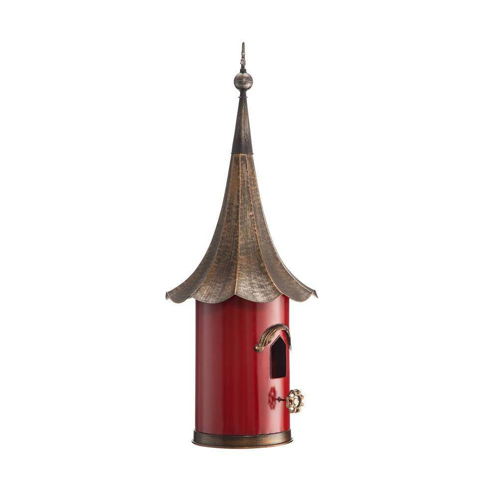 Red Metal Birdhouse with Copper Bronze Finish Gramophone Roof-2