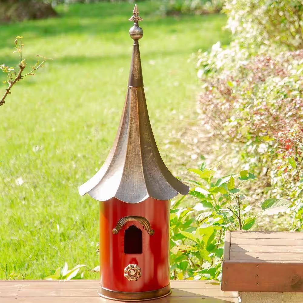 Red Metal Birdhouse with Copper Bronze Finish Gramophone Roof-3