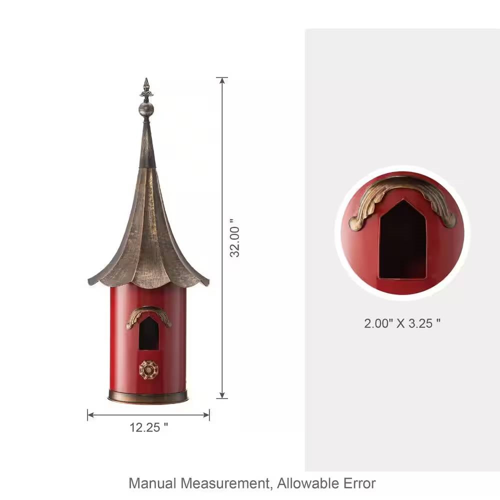 Red Metal Birdhouse with Copper Bronze Finish Gramophone Roof-4
