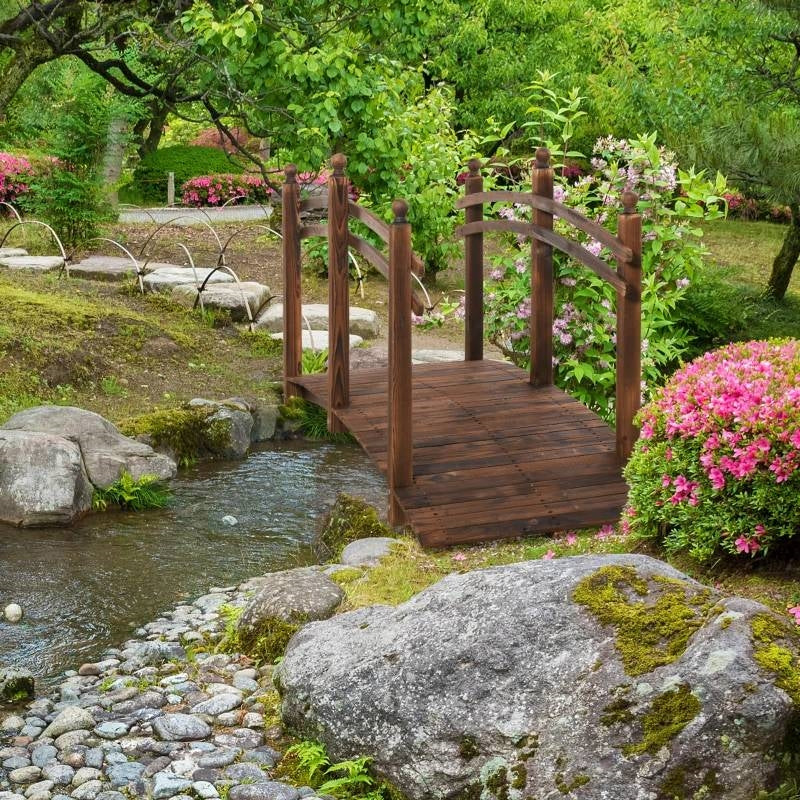 7.5 Ft Wooden Garden Bridge with Hand Rails in Carbonized Wood Finish-1