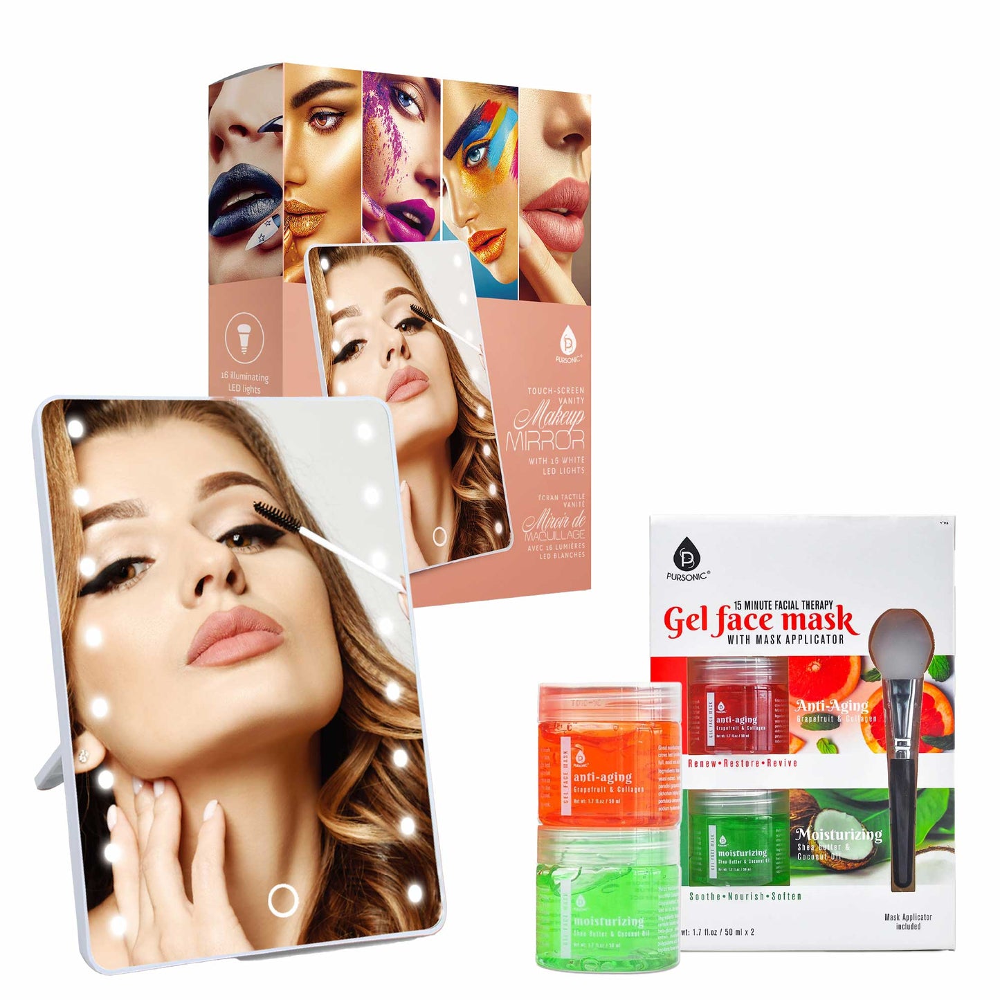 Pursonic Touchscreen LED Vanity Mirror and Luxurious Gel & Mud Face Mask Set-6