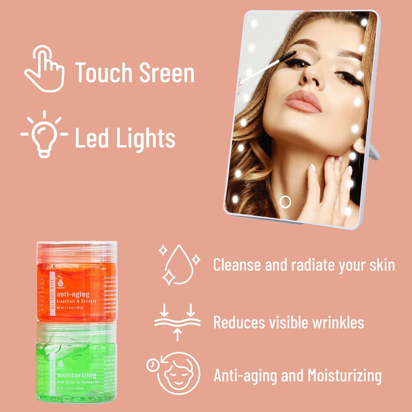 Pursonic Touchscreen LED Vanity Mirror and Luxurious Gel & Mud Face Mask Set-4