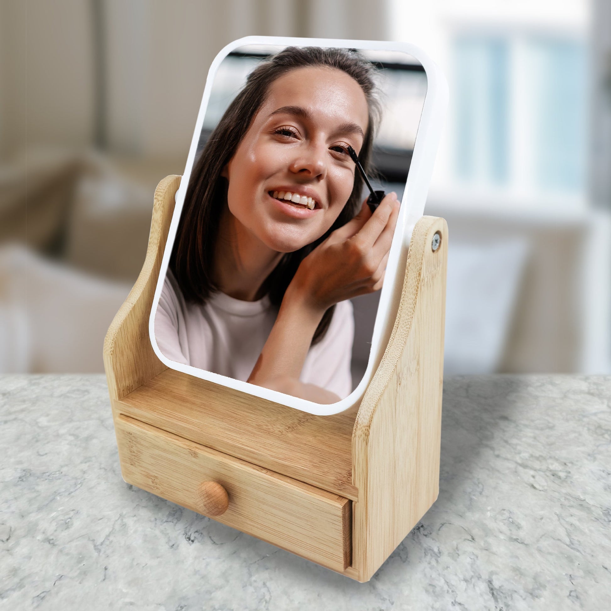 Dual-Sided Vanity Mirror with Bamboo Drawer Base-2