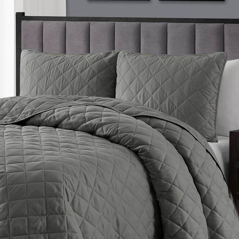 Twin/Twin XL 2-Piece Dark Grey Polyester Microfiber Diamond Quilt Set-2