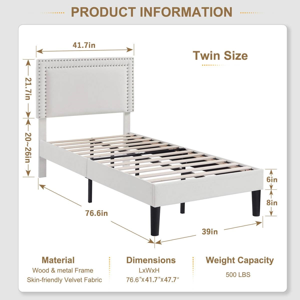 Set of 2 - Twin size White Tufted Upholstered Platform Bed Frame with Headboard-4