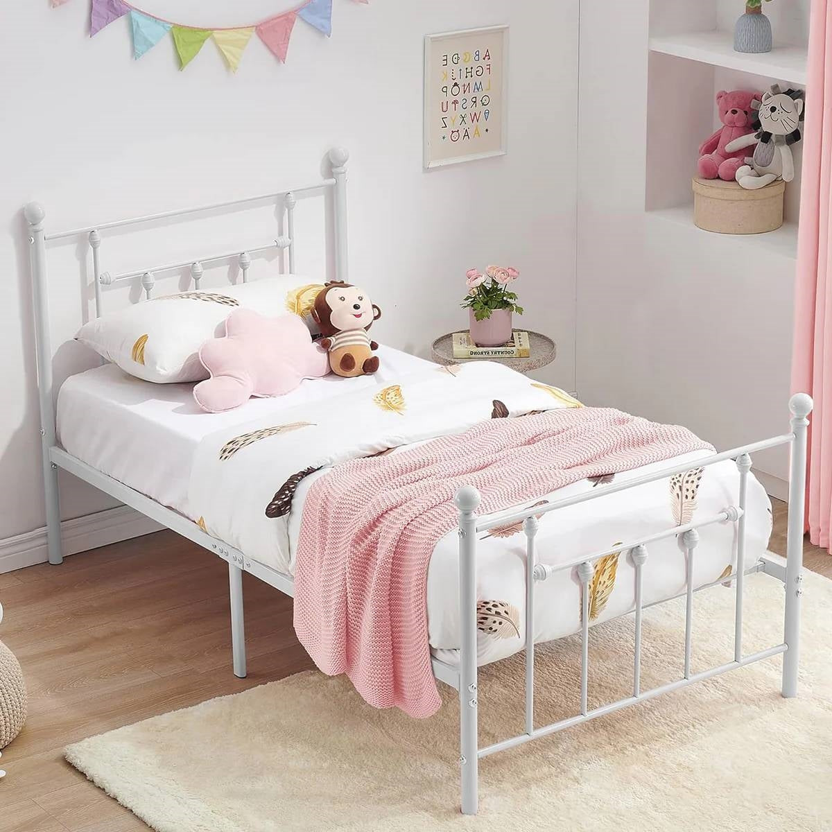 Twin Victorian Style White Metal Platform Bed Frame with Headboard Footboard-0