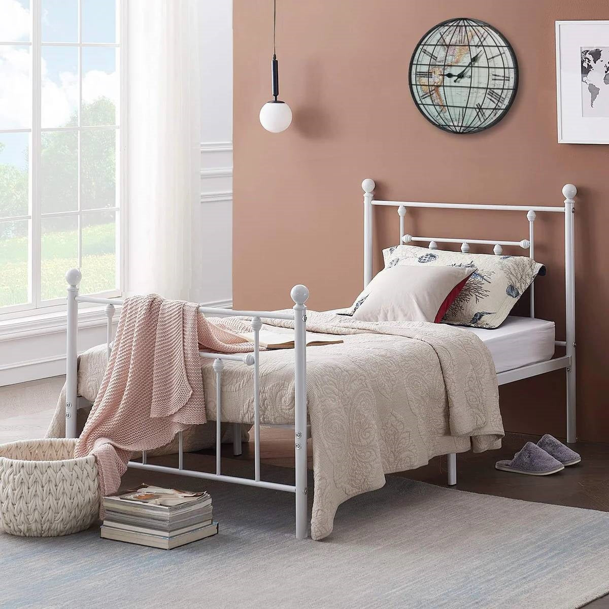 Twin Victorian Style White Metal Platform Bed Frame with Headboard Footboard-1
