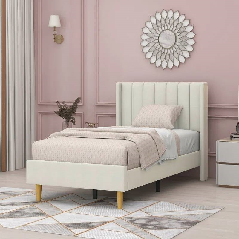 Twin size Mid-Century Platform Bed Frame with Cream Velvet Upholstered Headboard-0