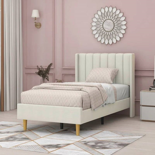 Twin size Mid-Century Platform Bed Frame with Cream Velvet Upholstered Headboard-0