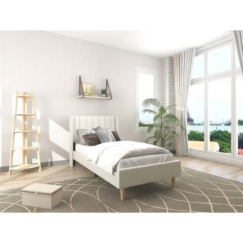 Twin size Mid-Century Platform Bed Frame with Cream Velvet Upholstered Headboard-2