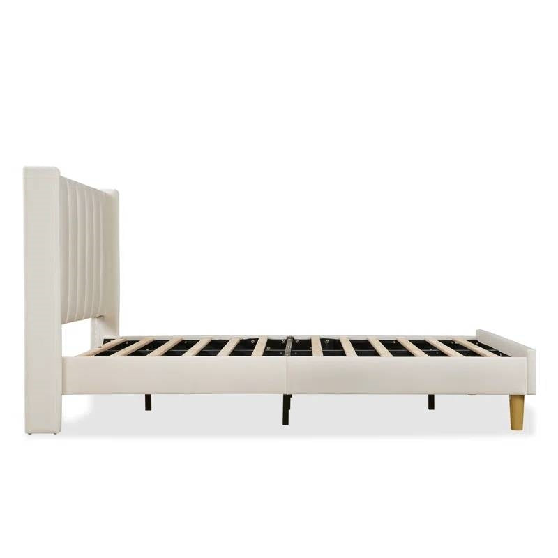 Twin size Mid-Century Platform Bed Frame with Cream Velvet Upholstered Headboard-3
