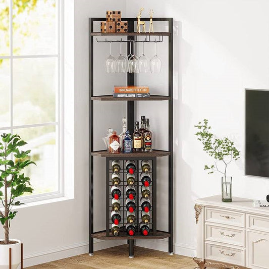 Industrial Corner Wine Rack Storage Shelving Unit with Glass Holders-0