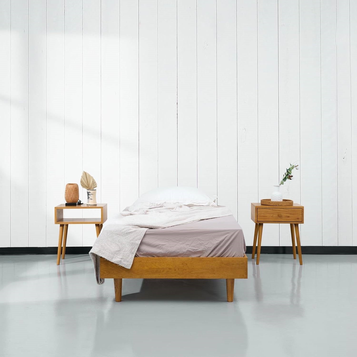 Twin size Mid-Century Modern Platform Bed Frame in Light Wood Finish-1