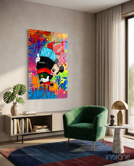 Mickey in the World of Brands Glass Wall Art || Designer Collection