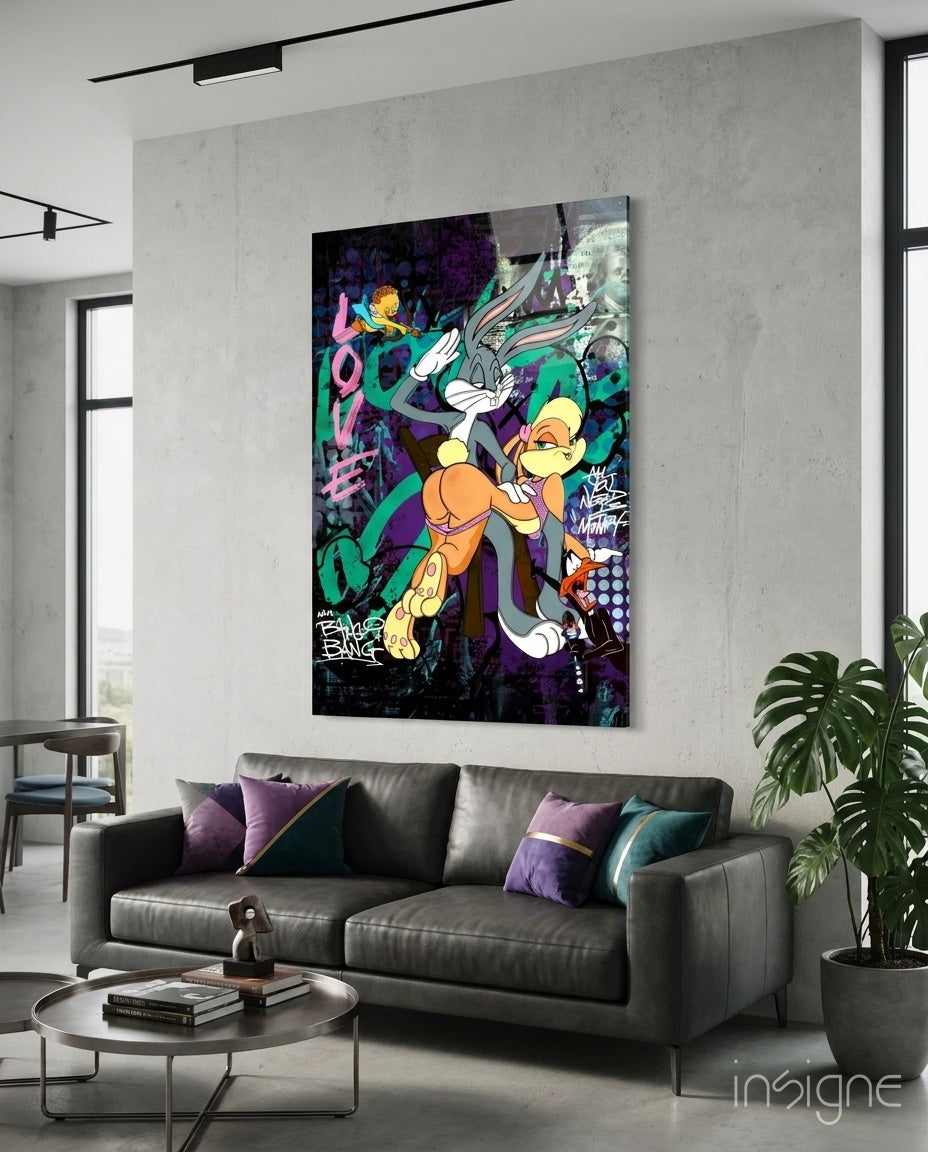 Bugs and Lola: The Graffiti Dance of Love Glass Wall Art || Designer Collection