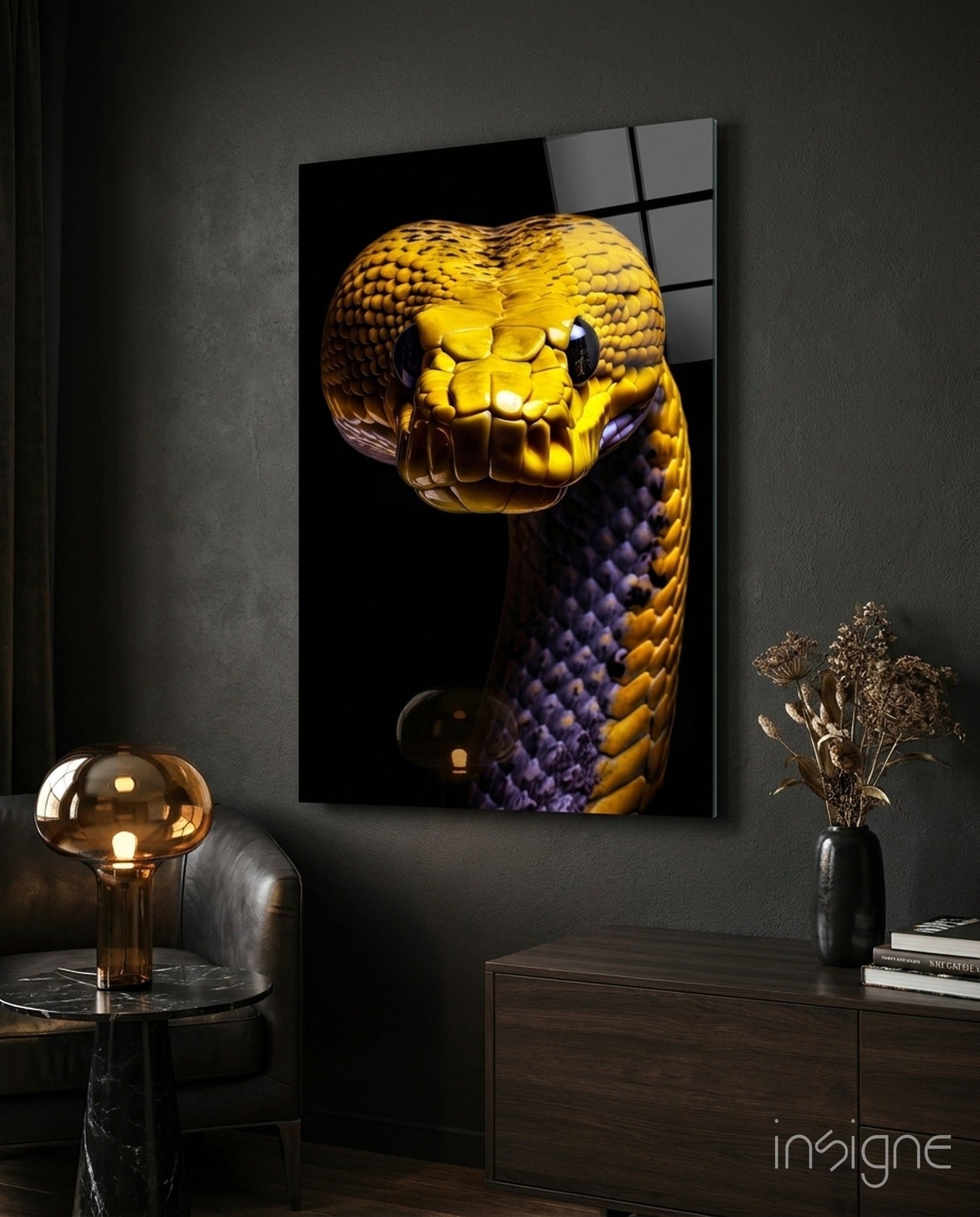 Golden Headed Snake Glass Wall Art || Designer Collection