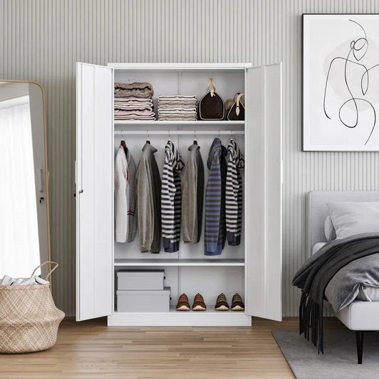 White Metal Locking Wardrobe Armoire Cabinet with Clothing Hanging Rod-0
