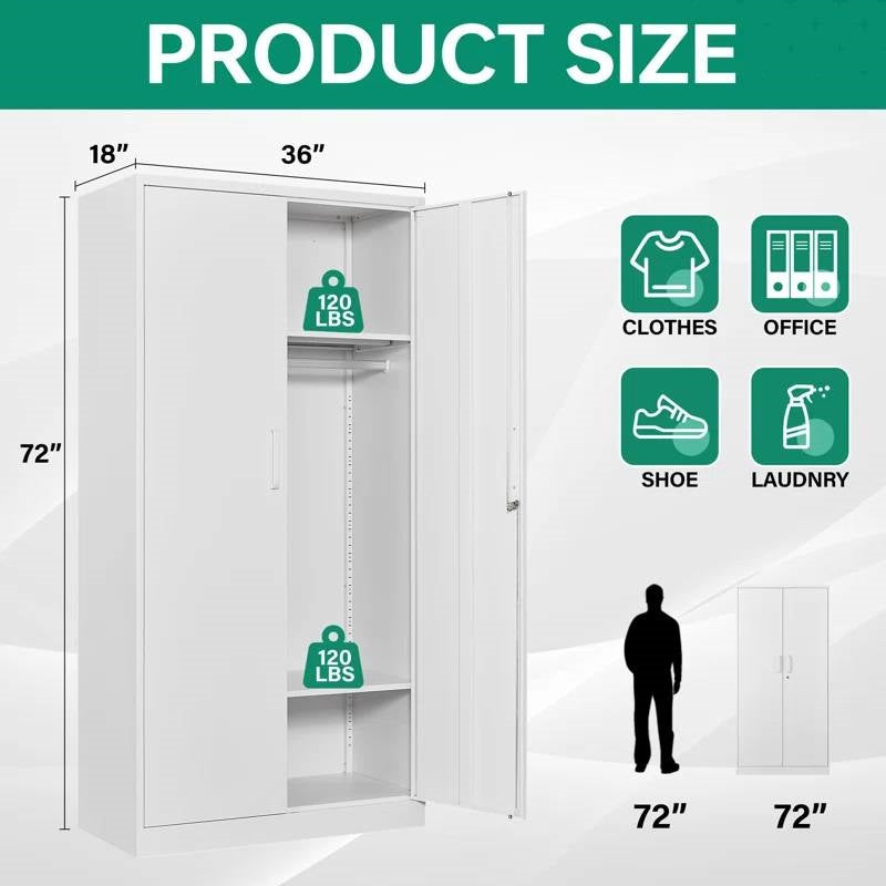 White Metal Locking Wardrobe Armoire Cabinet with Clothing Hanging Rod-4