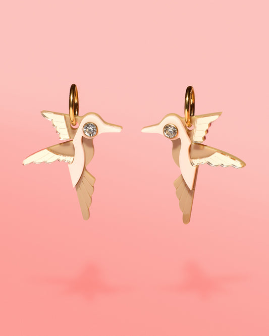 Hummingbird Hoop Earrings Beige + Gold