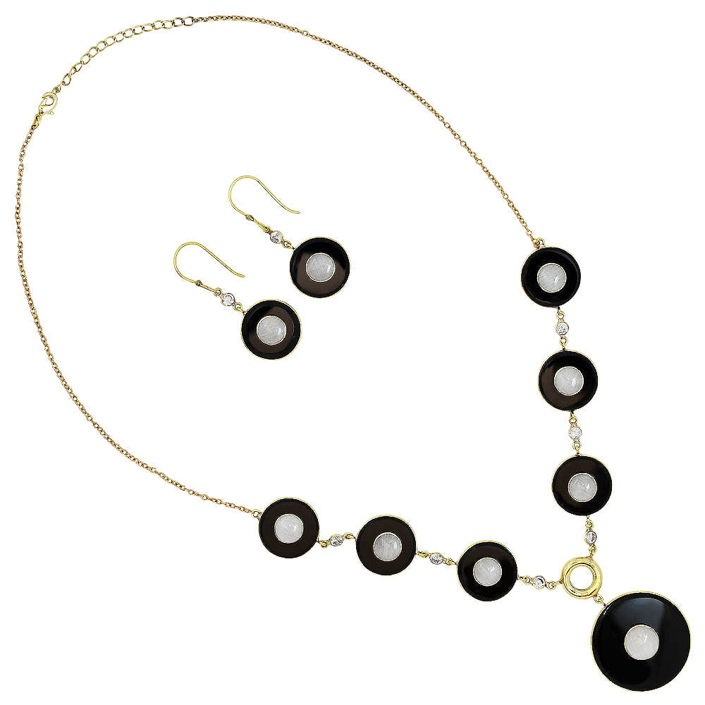 18K Gold Plated Black Onyx, Moonstone & Zircon Necklace Earrings Set TT01010-1