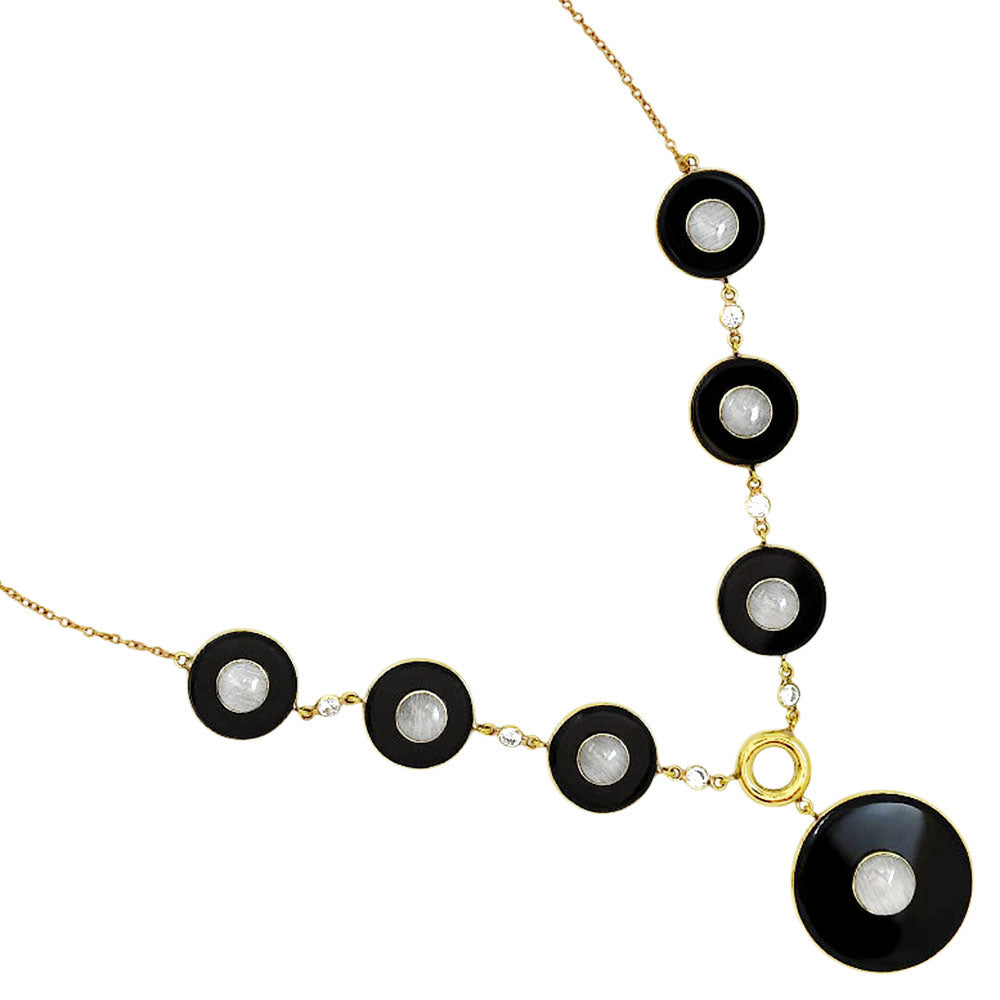 18K Gold Plated Black Onyx, Moonstone & Zircon Necklace Earrings Set TT01010-2