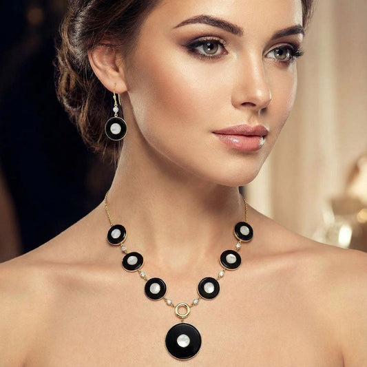 18K Gold Plated Black Onyx, Moonstone & Zircon Necklace Earrings Set TT01010-0